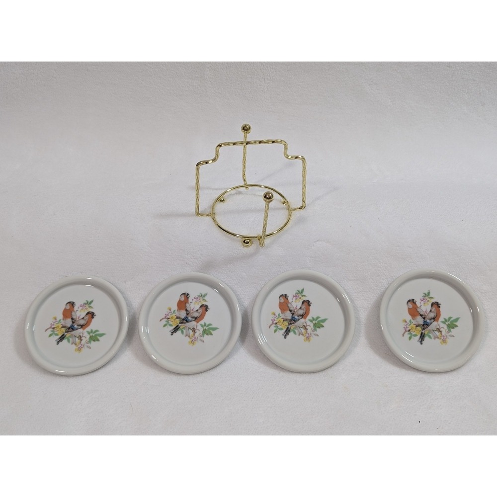 NIB Vintage Coaster Set Bullfinch Porcelain‎ wild birds Set Of 4 with stand New